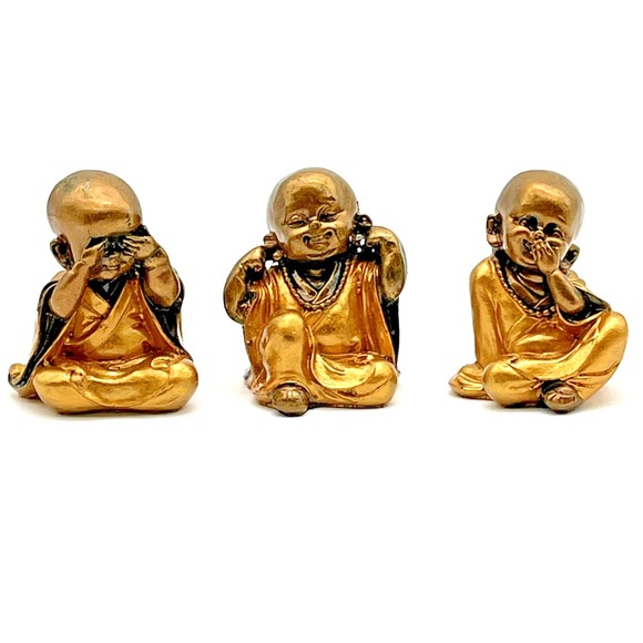 Other - Set of 3 Baby Monk Figurines Hear See Speak No Evil Gold Resin Statues 3"